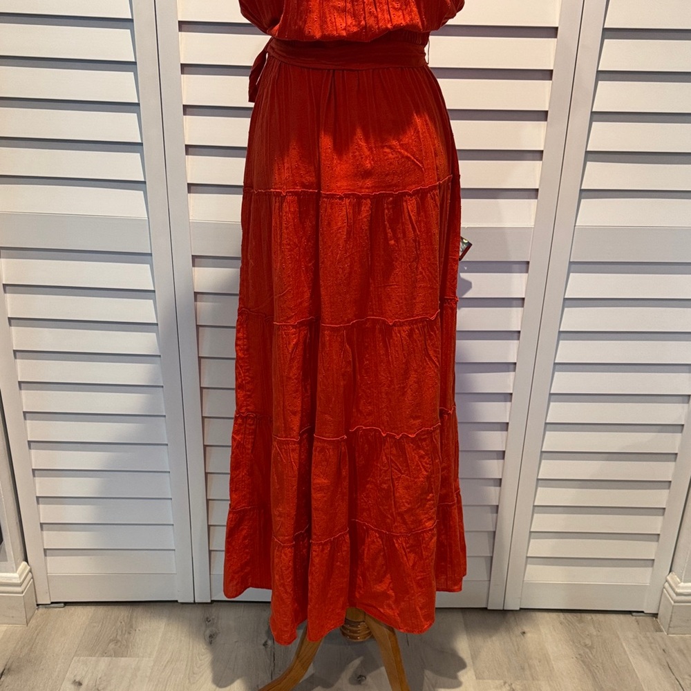 LOFT NWT Off-Shoulder Vibrant Orange-Red Maxi Dress with Belt - Picture 8 of 12